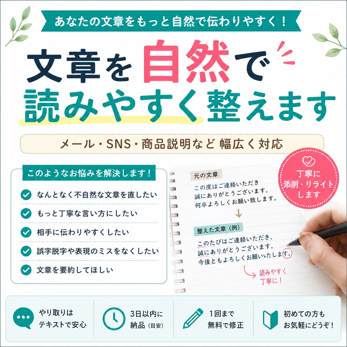 文章を自然で読みやすく整えます メッセージ・SNS・商品説明など幅広く対応します イメージ1