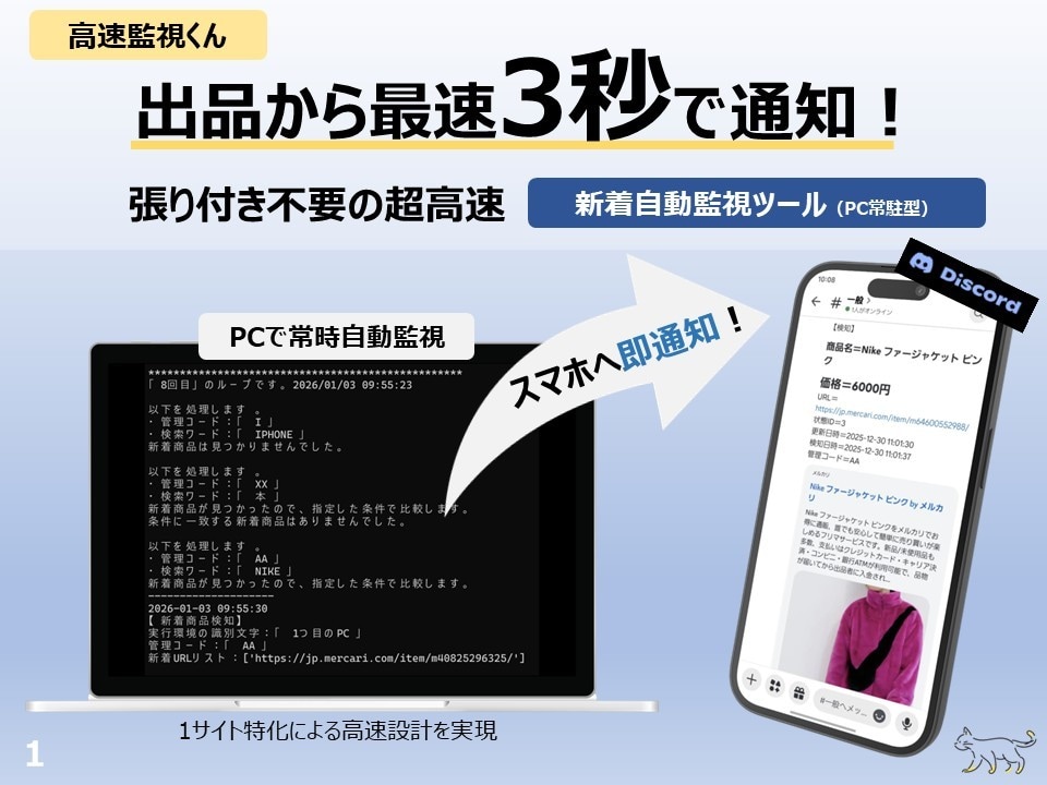 フリマ新着監視ツール「高速監視くん」販売します 価格やキーワードに合致する新着商品をPCやスマホに高速通知！ イメージ1