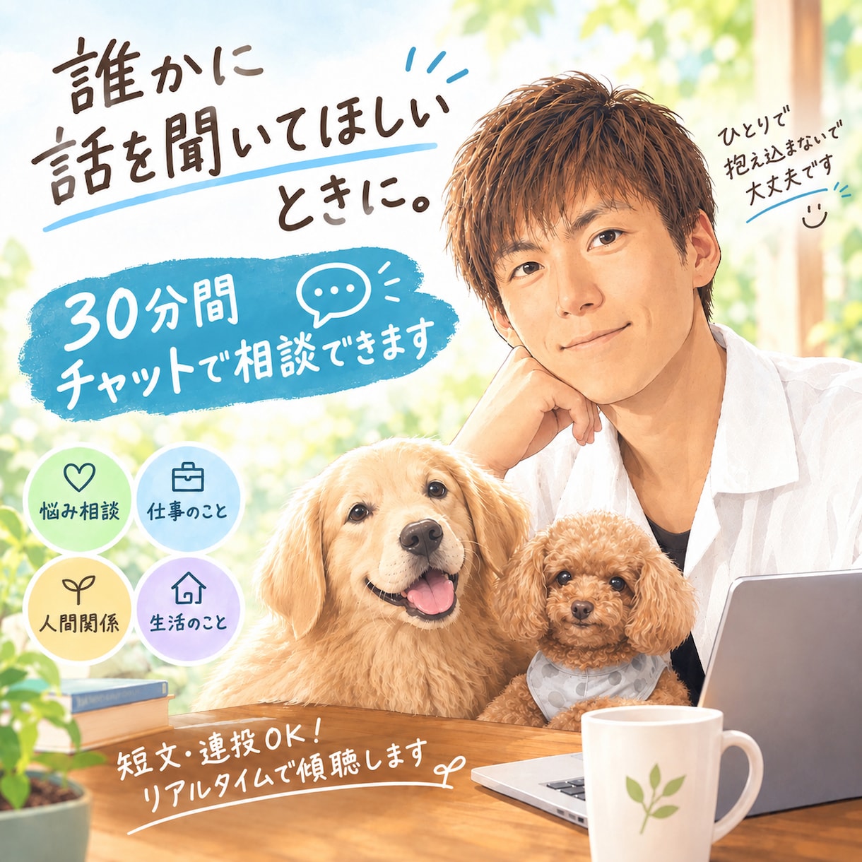 今すぐその不安モヤモヤ、プロカウンセラーが聴きます 30分間、リアルタイムであなたの心に寄り添います イメージ1