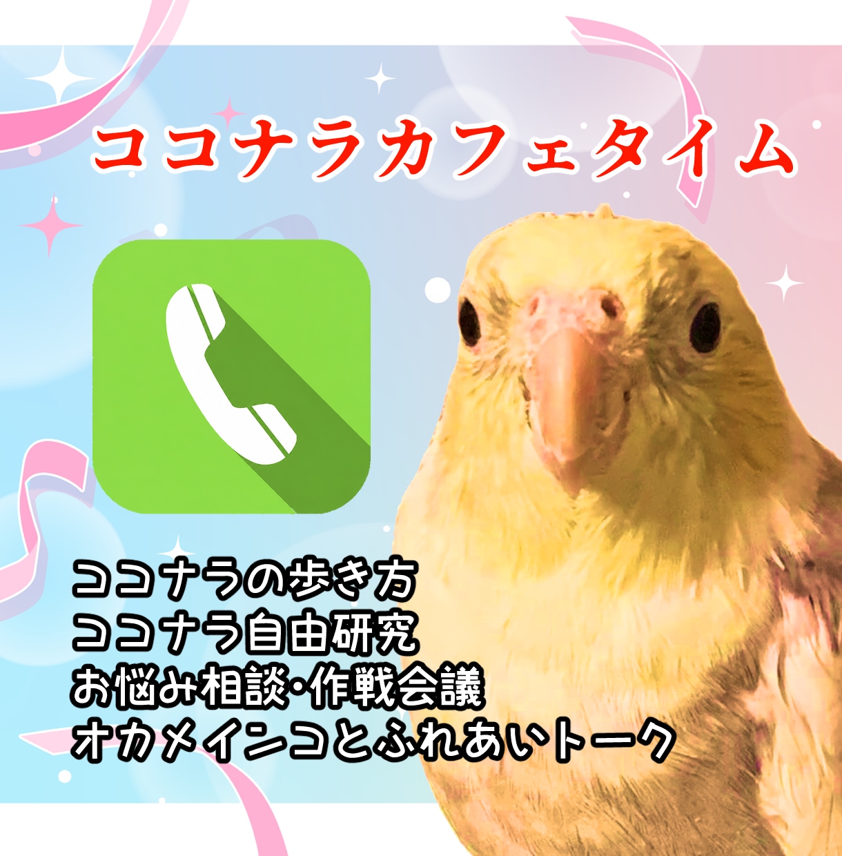 ココナラ出品者向け☆出品者相談カフェを開店します 実績1000件のオカメインコにココナラのお悩みをゆるっと相談 イメージ1