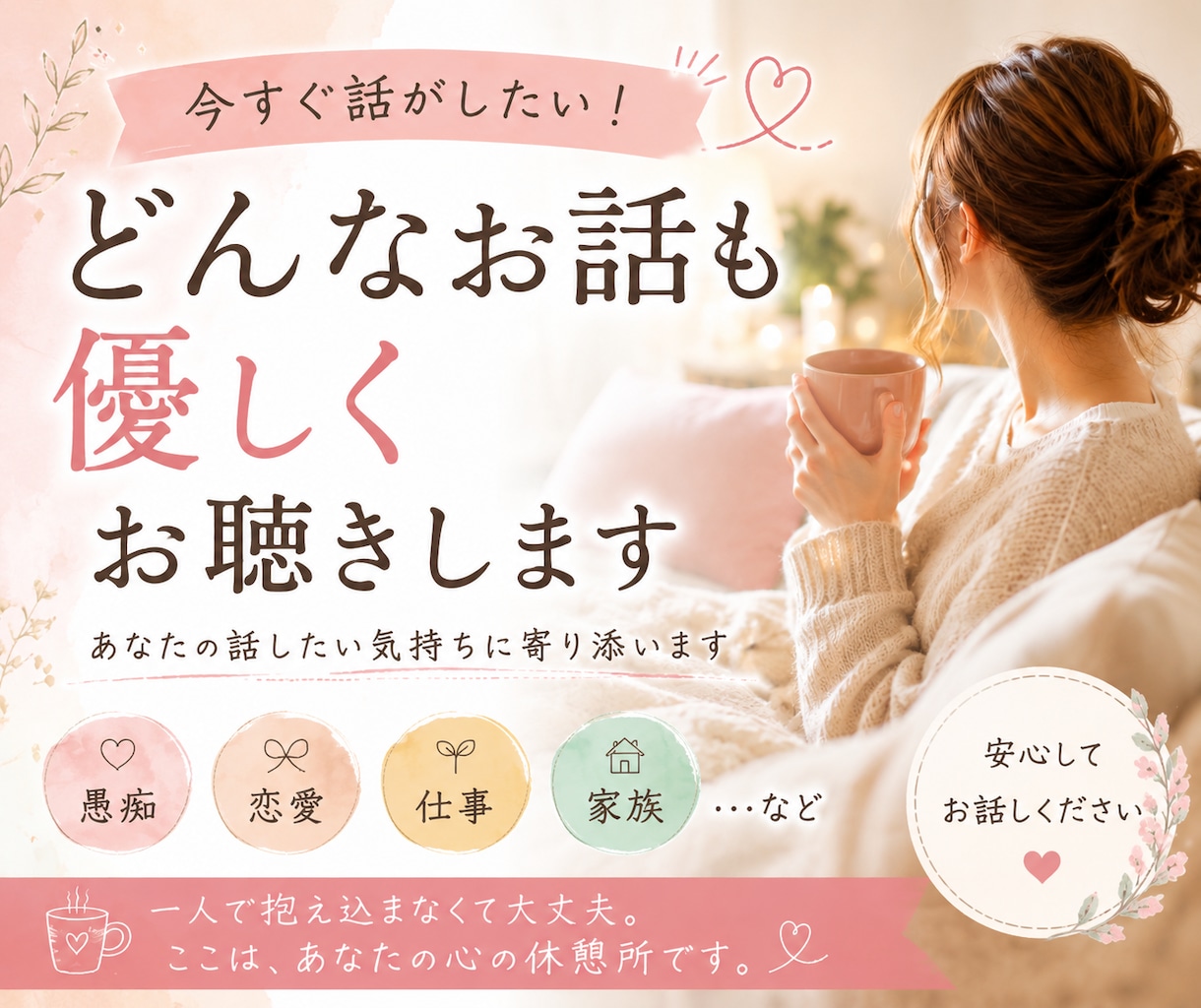 今すぐ話がしたい！どんなお話も優しくお聴きします 愚痴・恋愛・仕事・家族…あなたの話したい気持ちに寄り添います イメージ1