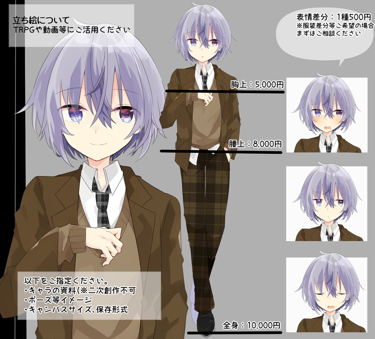 表情豊かなキャラクター立ち絵を書きます ワンコインで表情差分お受けできます イメージ1