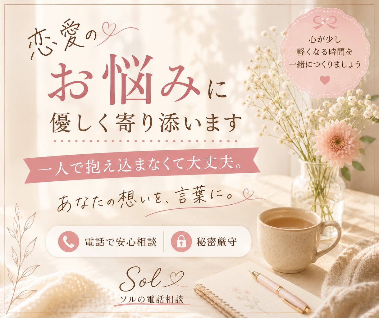 恋愛のお悩みに優しく寄り添います あなたの想いを、言葉に。一人で抱え込まなくて大丈夫です イメージ1