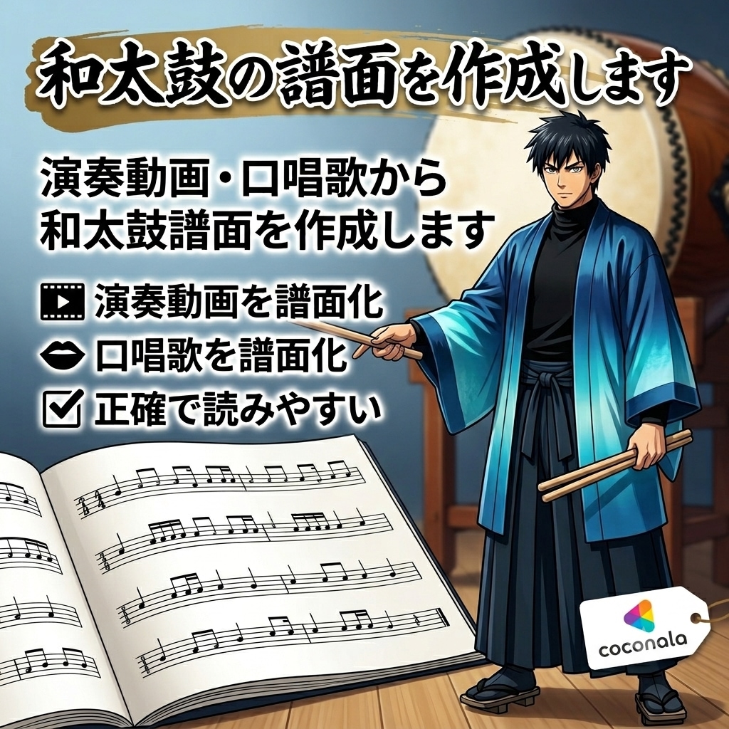 和太鼓の譜面を作成します 演奏動画・口唱歌から和太鼓譜面を作成します イメージ1