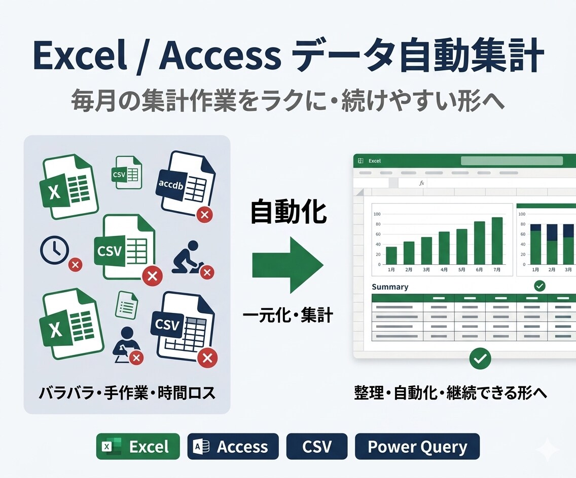 Excel/Accessで集計・管理を自動化します 毎月の集計作業をラクに続く形へ イメージ1