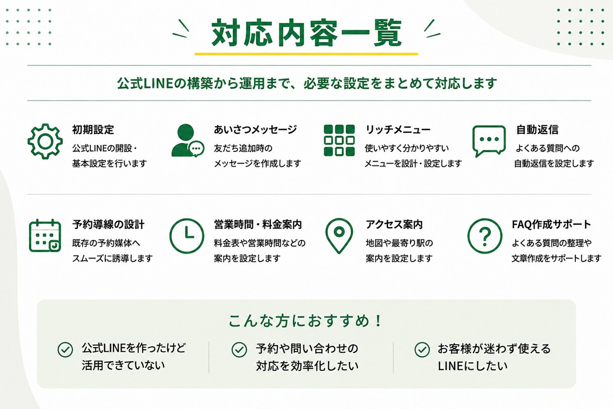 店舗向け公式LINEを使いやすく構築します 予約・問い合わせ・案内の手間を減らす導線を整えます イメージ3