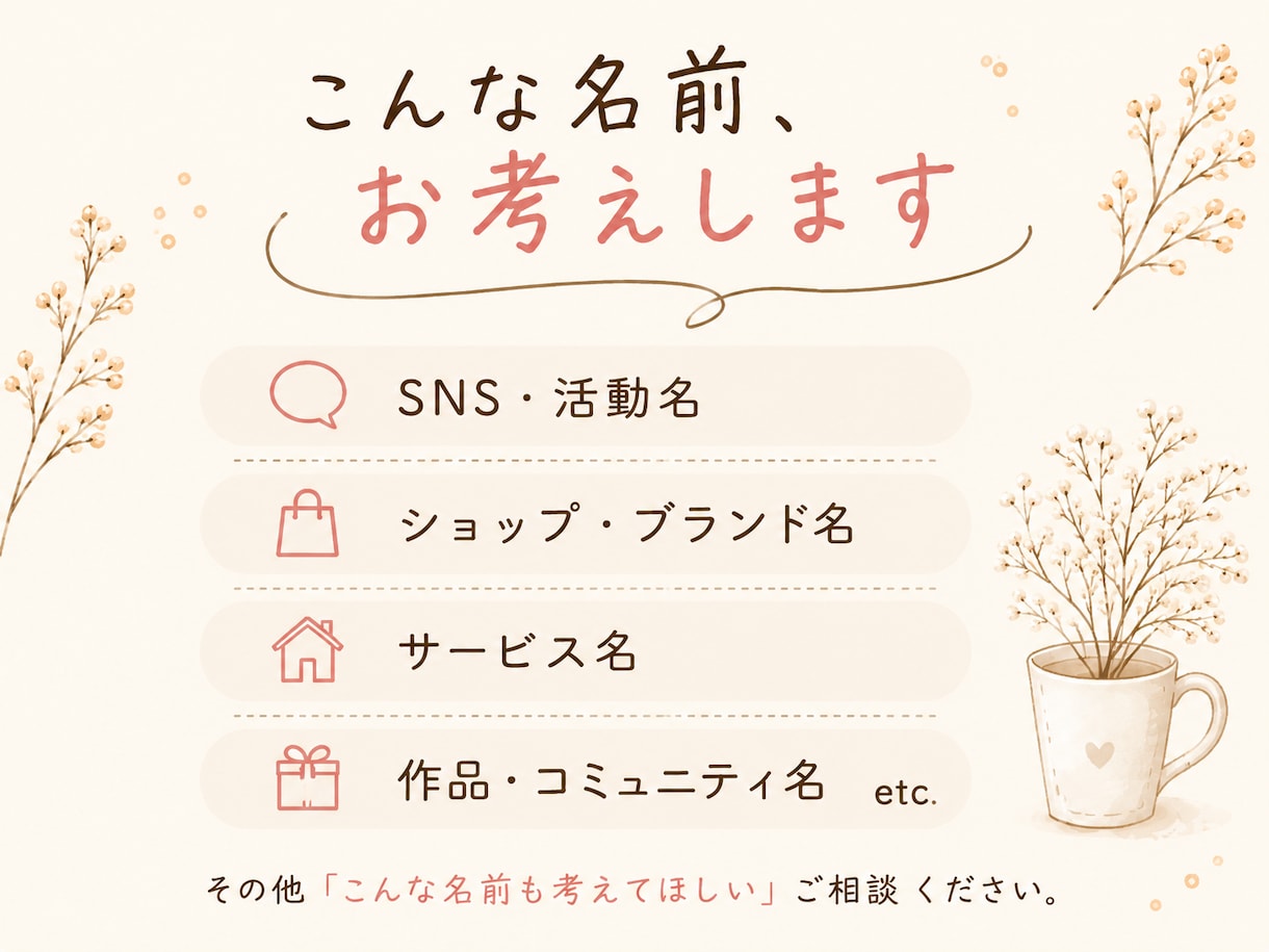 あなたにぴったりの名前を10案ご提案します あなたの『こんな感じ』を、ぴったりの名前に仕立てます。 イメージ2