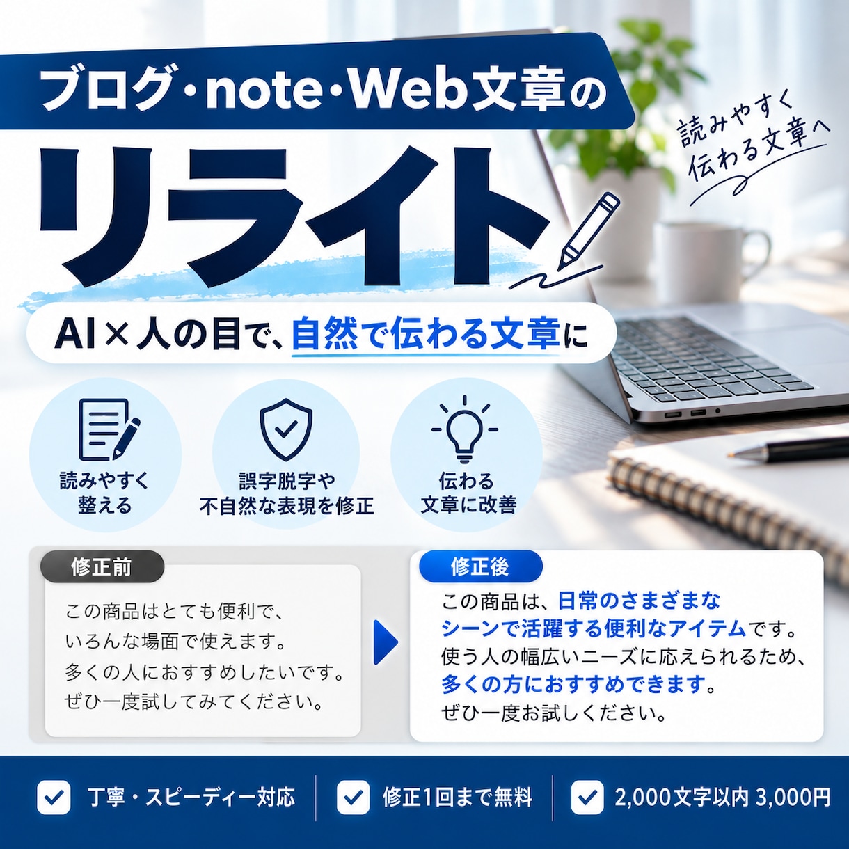 ブログ・noteの文章を自然で読みやすく整えます AIと人の目で、伝わる文章に丁寧に整えます イメージ1