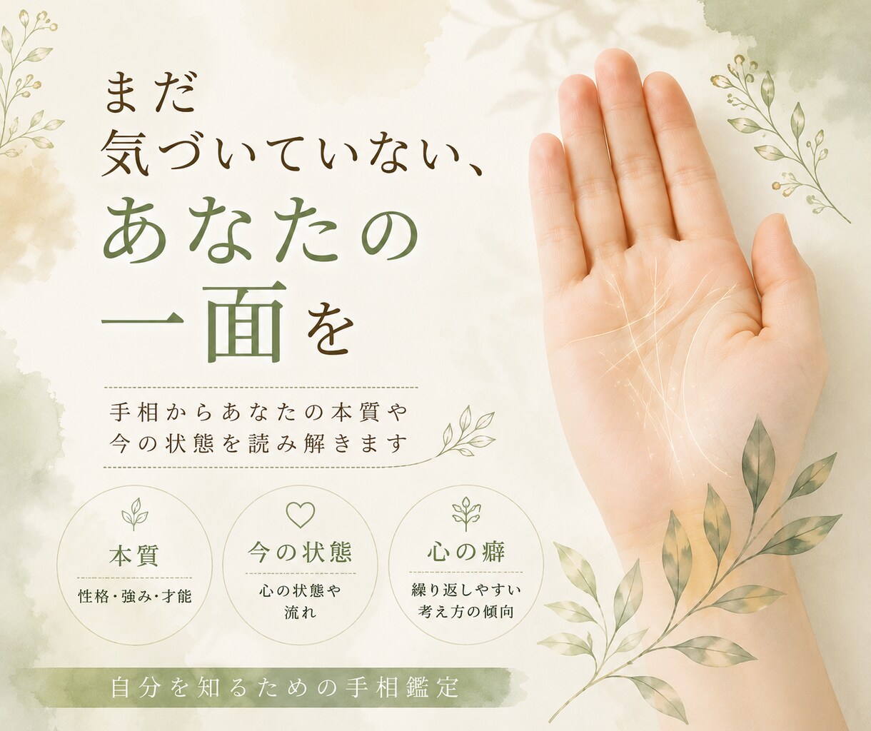 手相から「あなたの本質と今の状態」を読み解きます 悩んでいるあなたの、今の自分を整理するための手相鑑定です。 イメージ3
