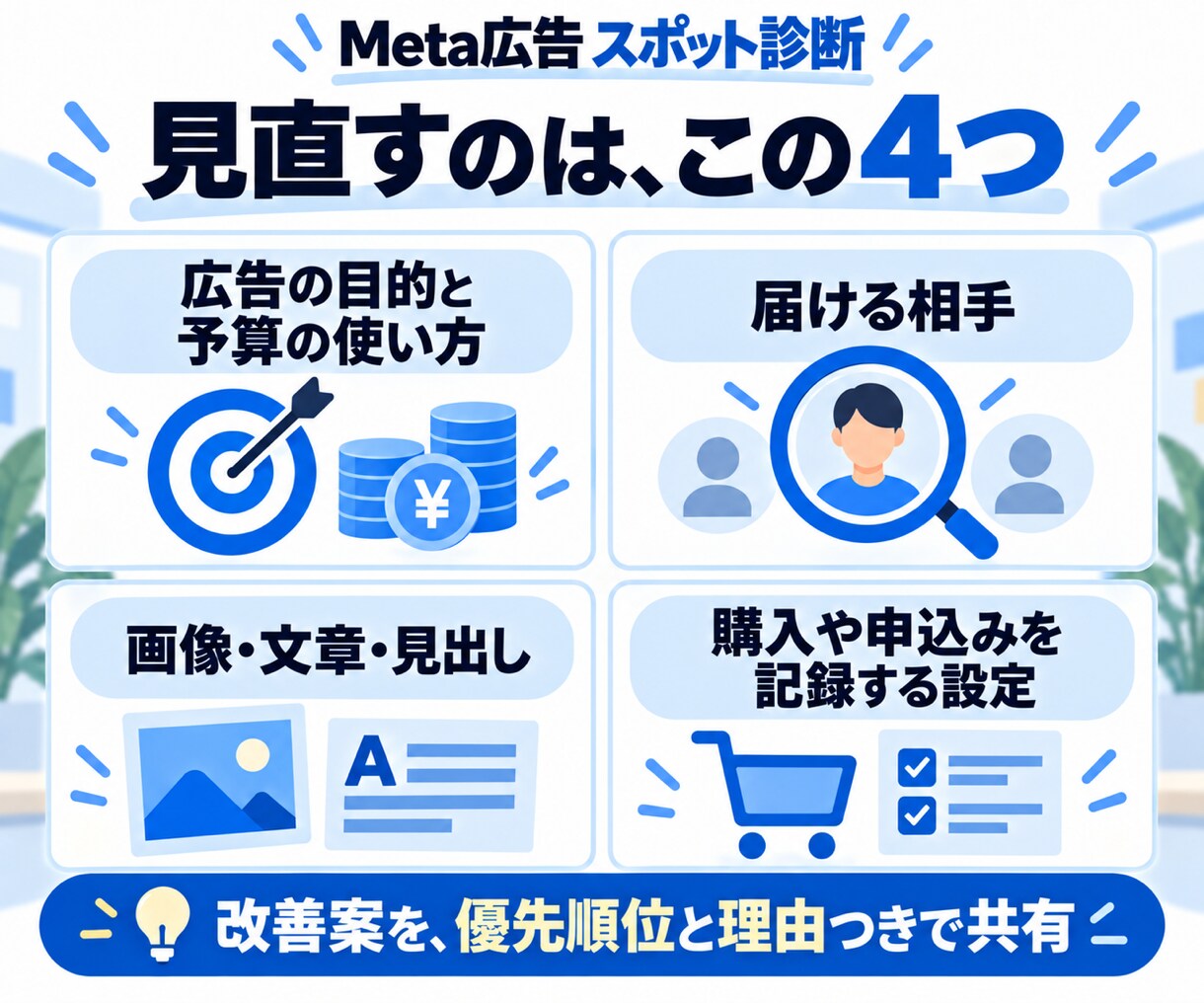 Meta広告を診断し、改善の優先順位を提案します ターゲットと広告画像を見直し、ピクセルや計測設定も確認 イメージ4