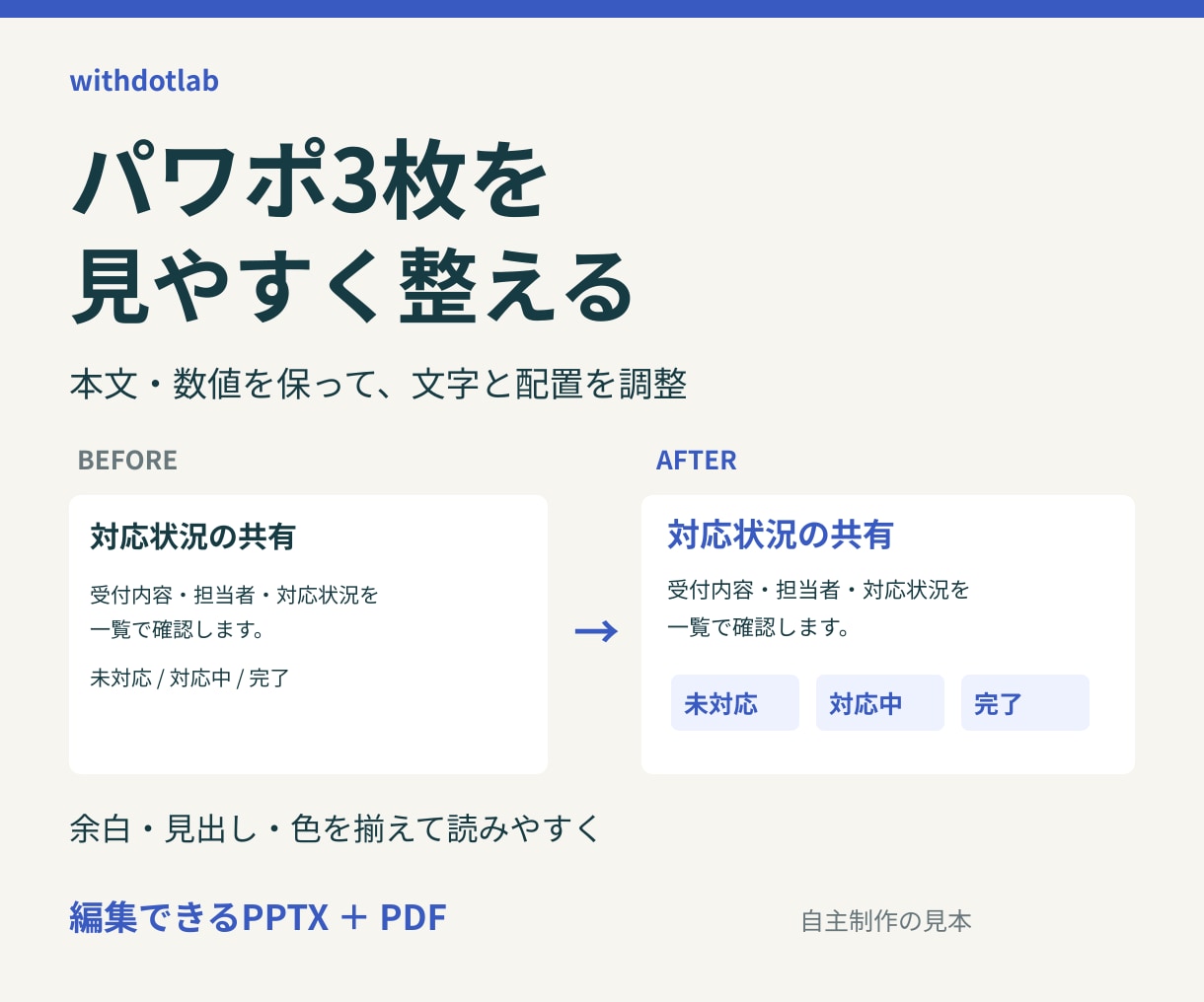 既存のパワポ3枚を見やすく整えます 文字・余白・色・配置を調整。編集できるPPTXで納品 イメージ1