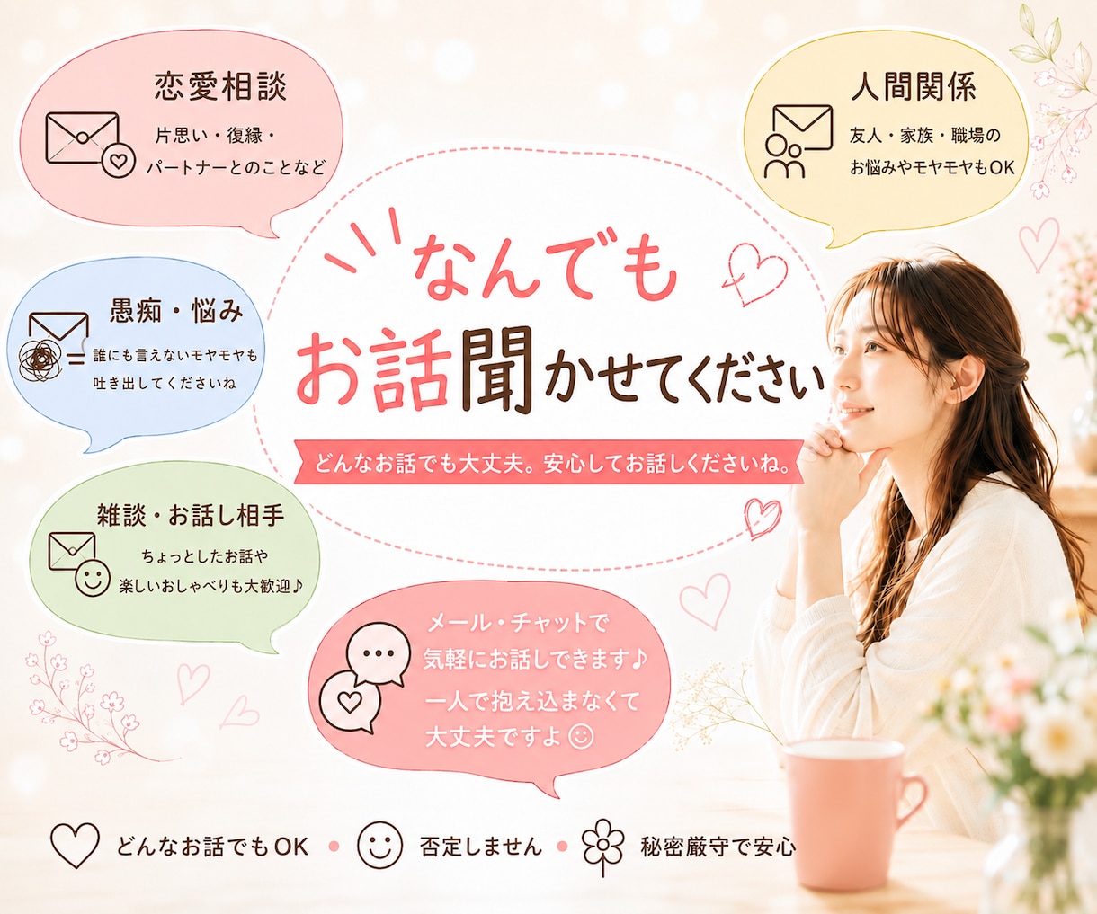なんでもおしゃべりチャット＊お話お聞きします 普段人に話せないこと話してみませんか？話題はなんでもOKです イメージ2