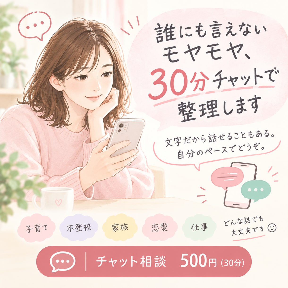 誰にも言えないモヤモヤ、30分チャットで整理します 文字だから話せることもある。自分のペースでどうぞ。 イメージ1