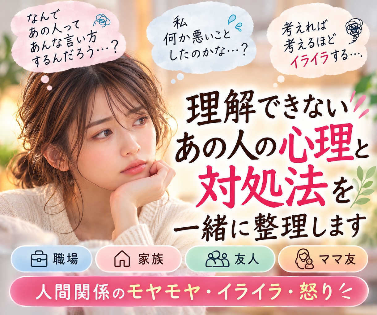 理解できないあの人の心理と対処法を一緒に整理します 職場・家族・友人・ママ友｜人間関係のモヤモヤ・イライラ・怒り イメージ1