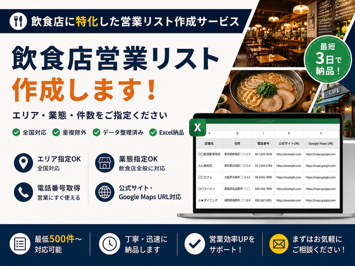 飲食店に特化した営業リストを作成します エリア・業態指定OK！500件から全国対応 イメージ1