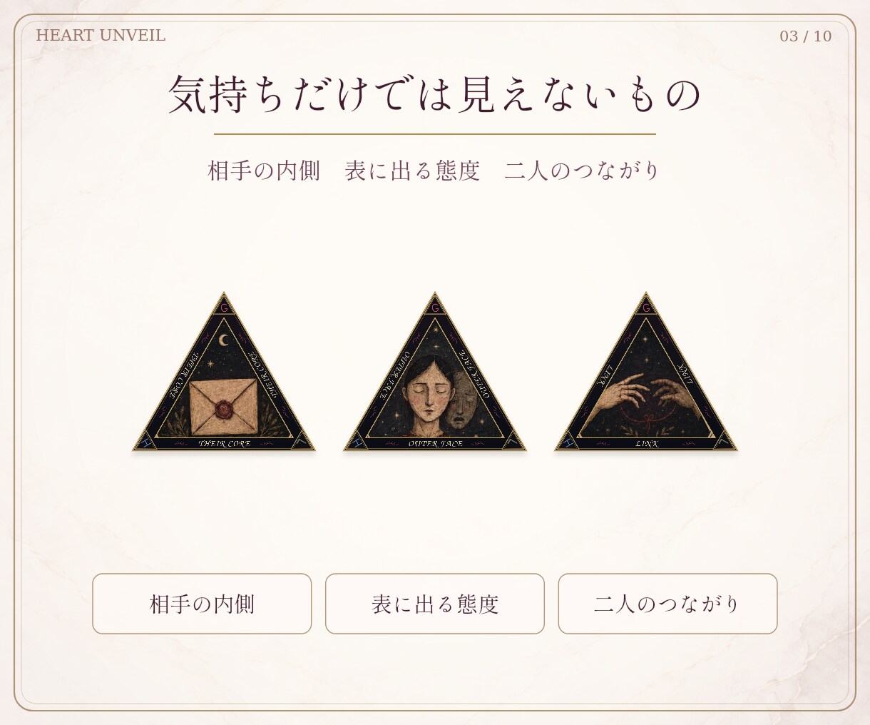 あの人の本音と「見せている顔」のズレを読み解きます 相手の気持ち・二人のつながり・関係の行方を6枚で明確に鑑定 イメージ3