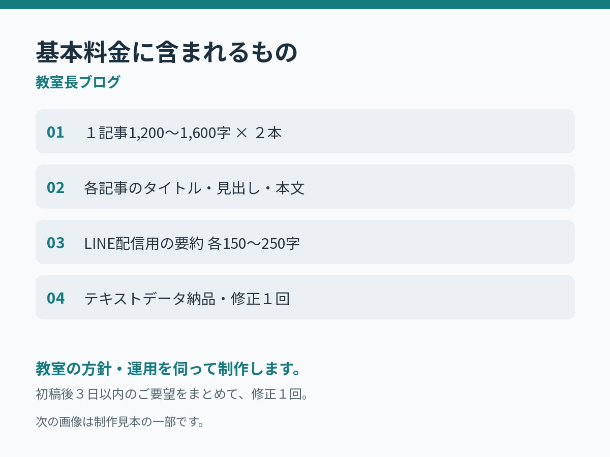 個人塾の方針が伝わるブログ記事を作ります 現役教室長が記事２本とLINE用の短文を作成 イメージ2