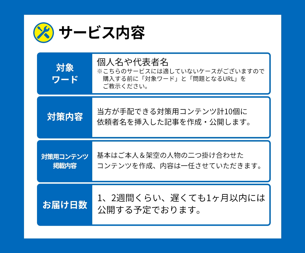 個人名の逆SEO対策パッケージモデルを提供します ネット炎上した話題が長期に残り続けているなどお困りの方へ イメージ2