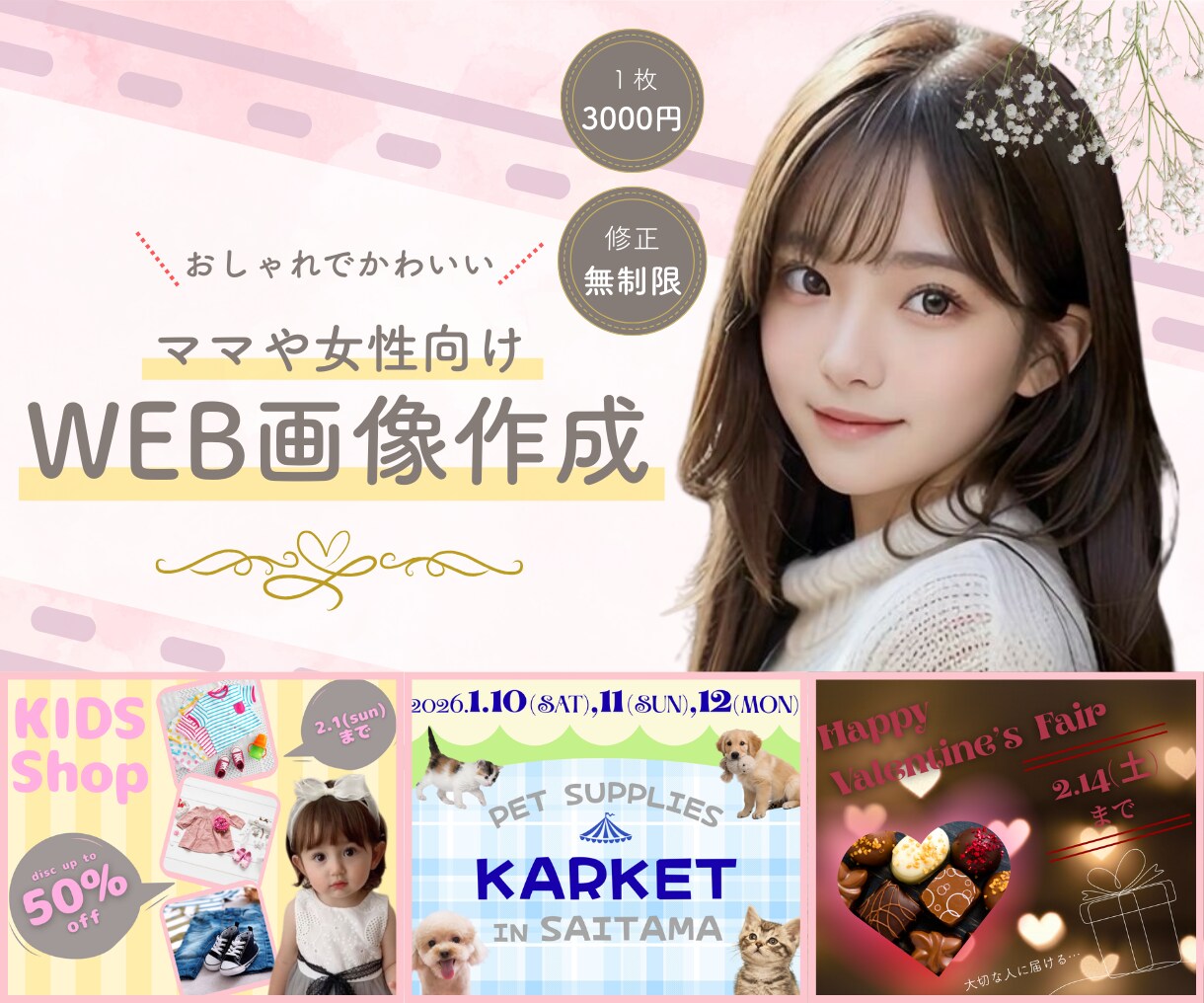 女性向けのおしゃれでかわいいWEB画像を制作します バナー・SNS・サムネ作成♪ リサーチも相談も何度でも！ イメージ1