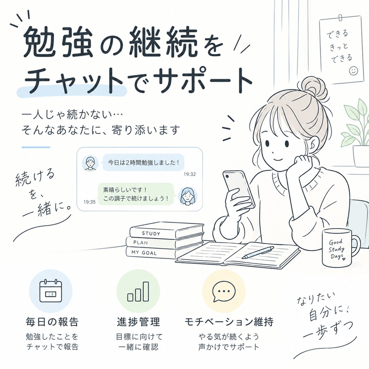 継続が難しいあなたを毎日のチャット報告で管理します 毎日の勉強報告と進捗管理で継続を支えます イメージ1