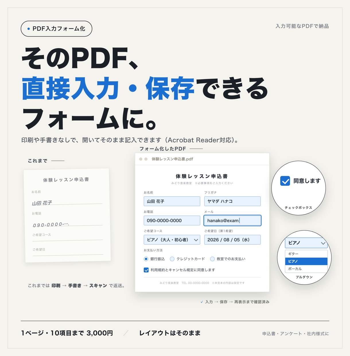 既存PDFに入力欄・チェック欄を追加します 申込書・アンケートをそのまま入力可能なPDFへ イメージ1