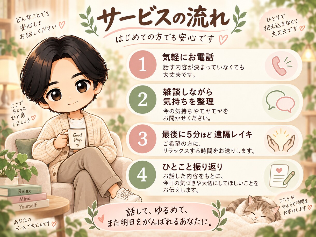 雑談とレイキで心をゆるめます 話すだけで少し軽くなる電話相談 イメージ3