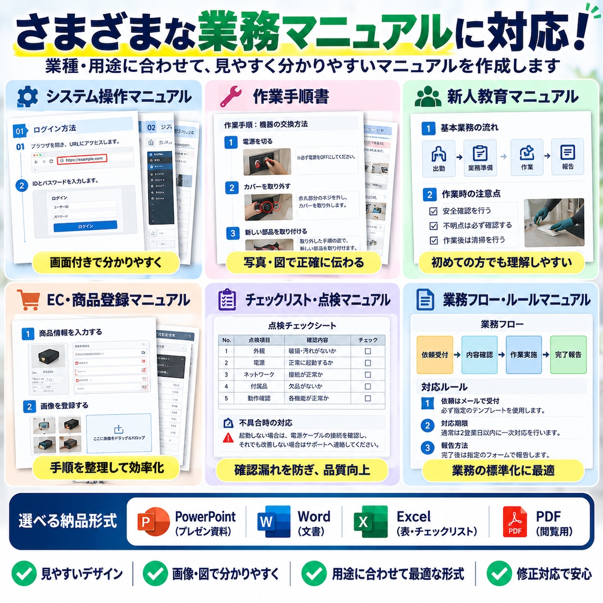 画像や資料から分かりやすい作業手順書を作成します 画像・メモを送るだけ！分かりやすいマニュアルに イメージ3