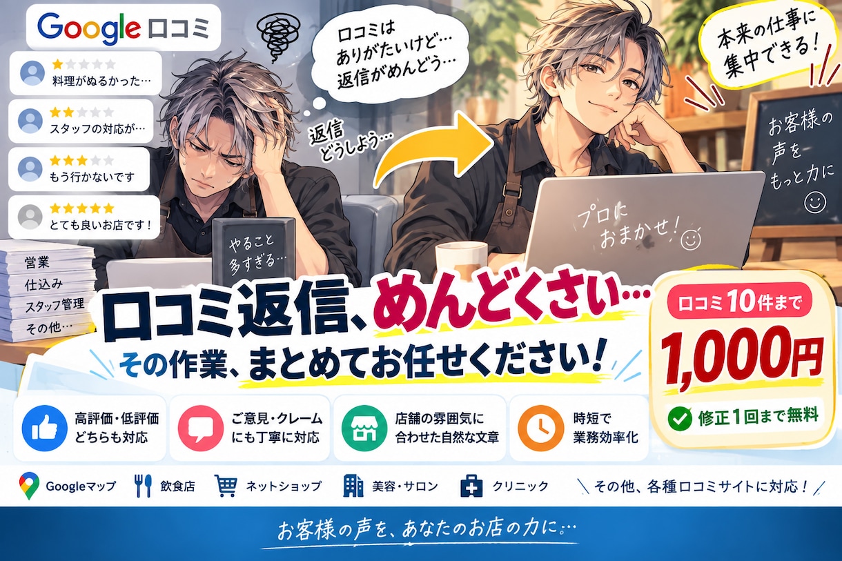 お店やサービスの口コミへの丁寧な返信文を作成します お店の印象を大切に、自然で丁寧な口コミ返信を作成します イメージ1