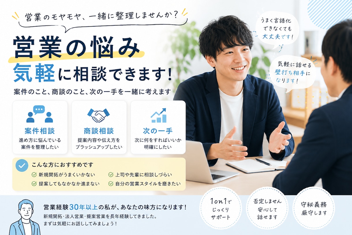 営業の悩みを解決する1on1コーチングを行います 営業経験30年以上｜営業活動のお悩みを実践的にサポート イメージ1