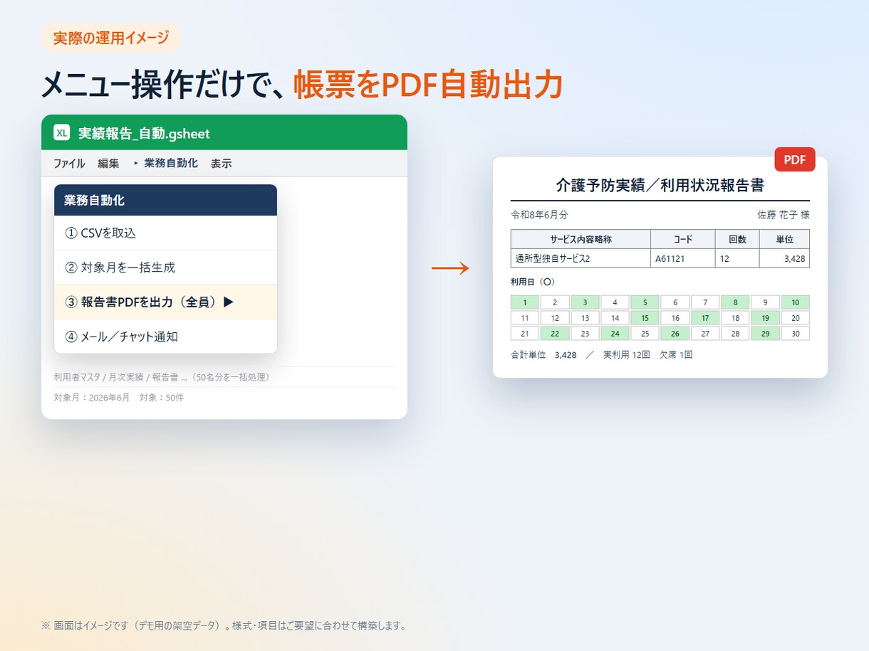 GASでスプレッドシートの作業を自動化します CSV取込・集計・帳票PDFまで、手作業をまるごと自動化 イメージ3
