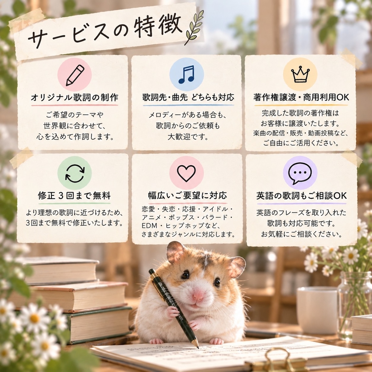 あなたのイメージに沿った作詞します 作詞家としての実績を積みたいため、5000円でお受けします。 イメージ2