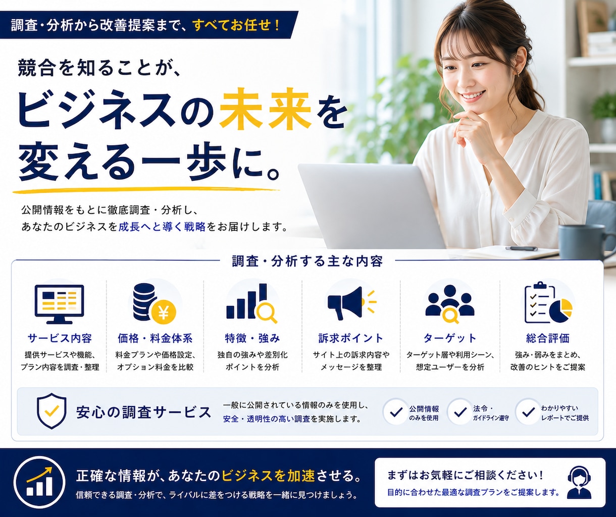 競合サイト・サービスを比較調査します 公開情報から価格・特徴・強みの違いを整理します イメージ10