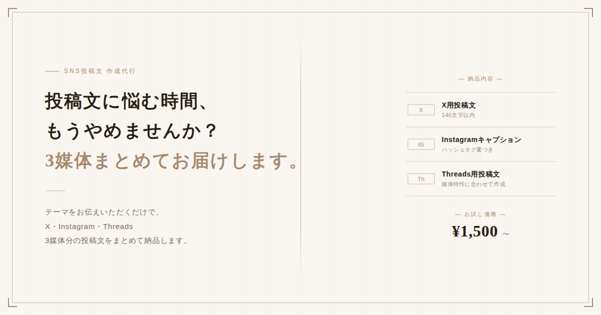 3媒体分のSNS投稿文を作成します 伝えたいことを形にします。X・他、まとめて対応します。 イメージ4