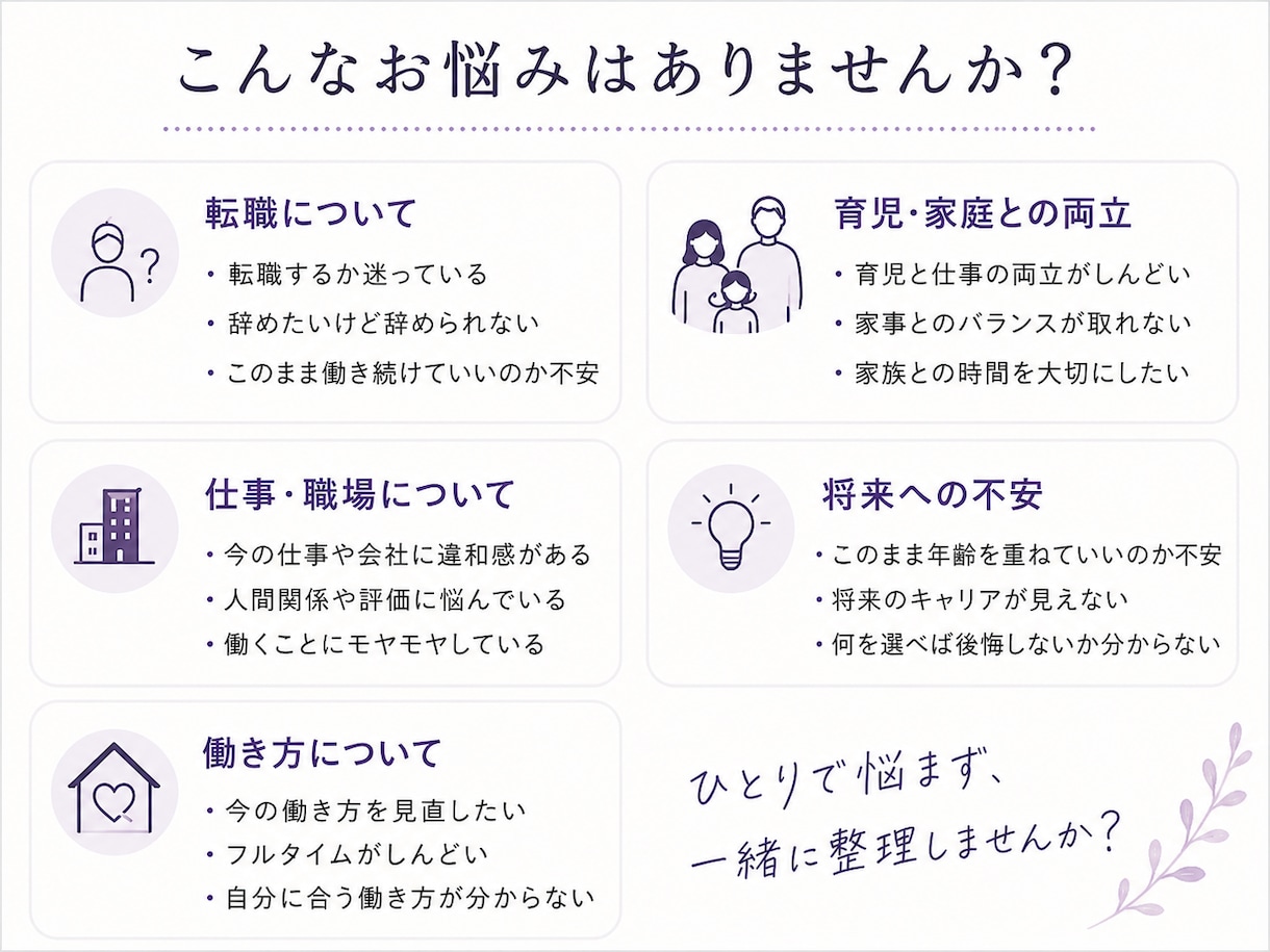 転職相談｜働き方｜仕事の悩み｜キャリア相談します 今の会社をこのまま続けるか、辞めるか、迷う気持ちを整理します イメージ2