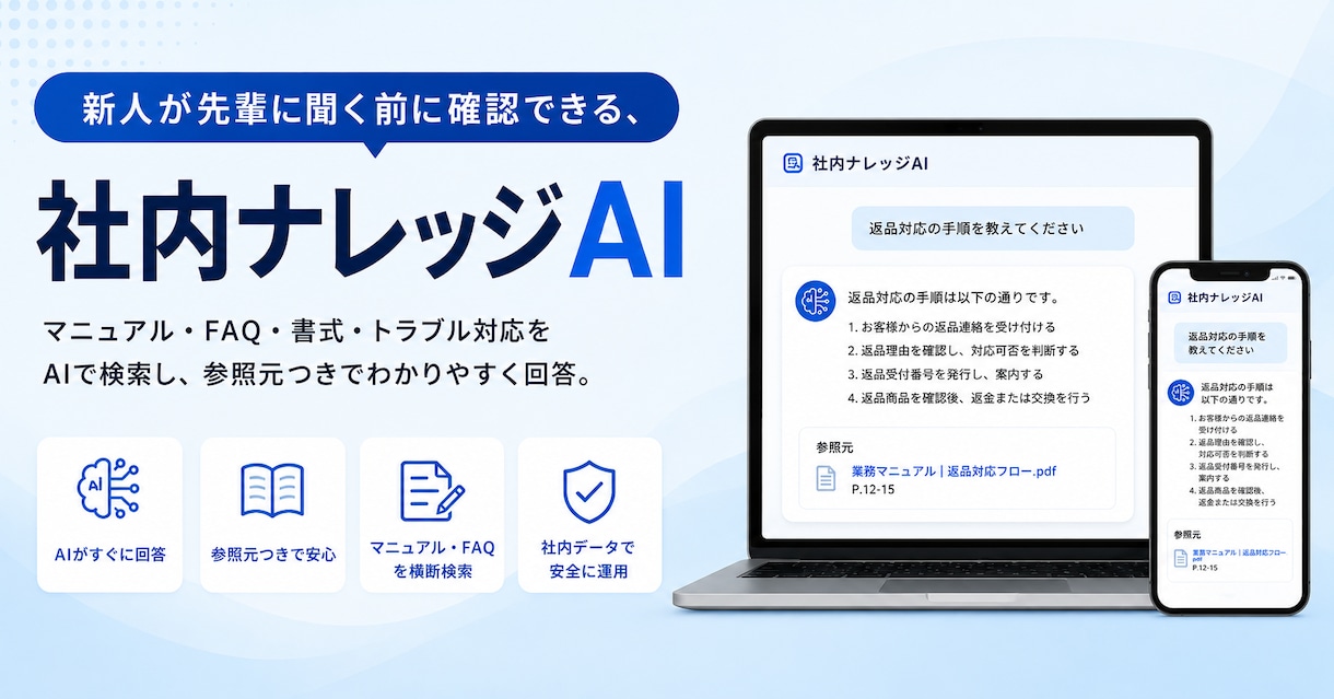 社内マニュアルを検索できるFAQ AIを作ります 社内ナレッジAI・属人化と問い合わせ対応の負担を減らします イメージ1