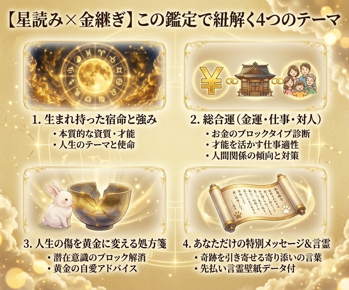 星読みと金継ぎで人生を黄金に変える総合鑑定します 潜在意識と星読みで人生全体を紐解き一生モノの豊かさを巡らせる イメージ2