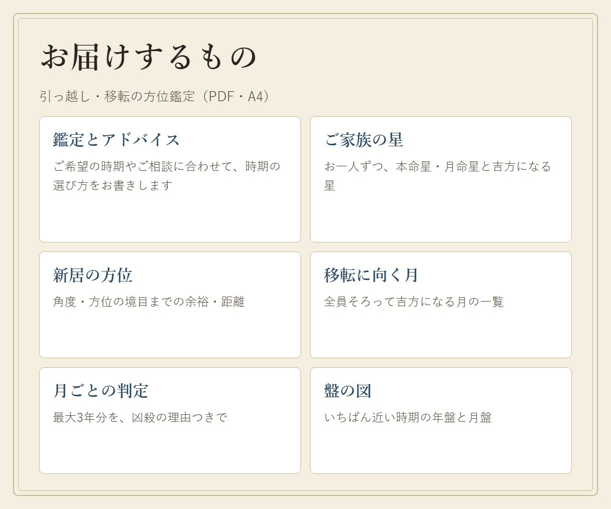 引っ越し・移転の方位と時期を住所から鑑定します 新居の方位を測り、ご家族そろって吉方になる月を出します イメージ4