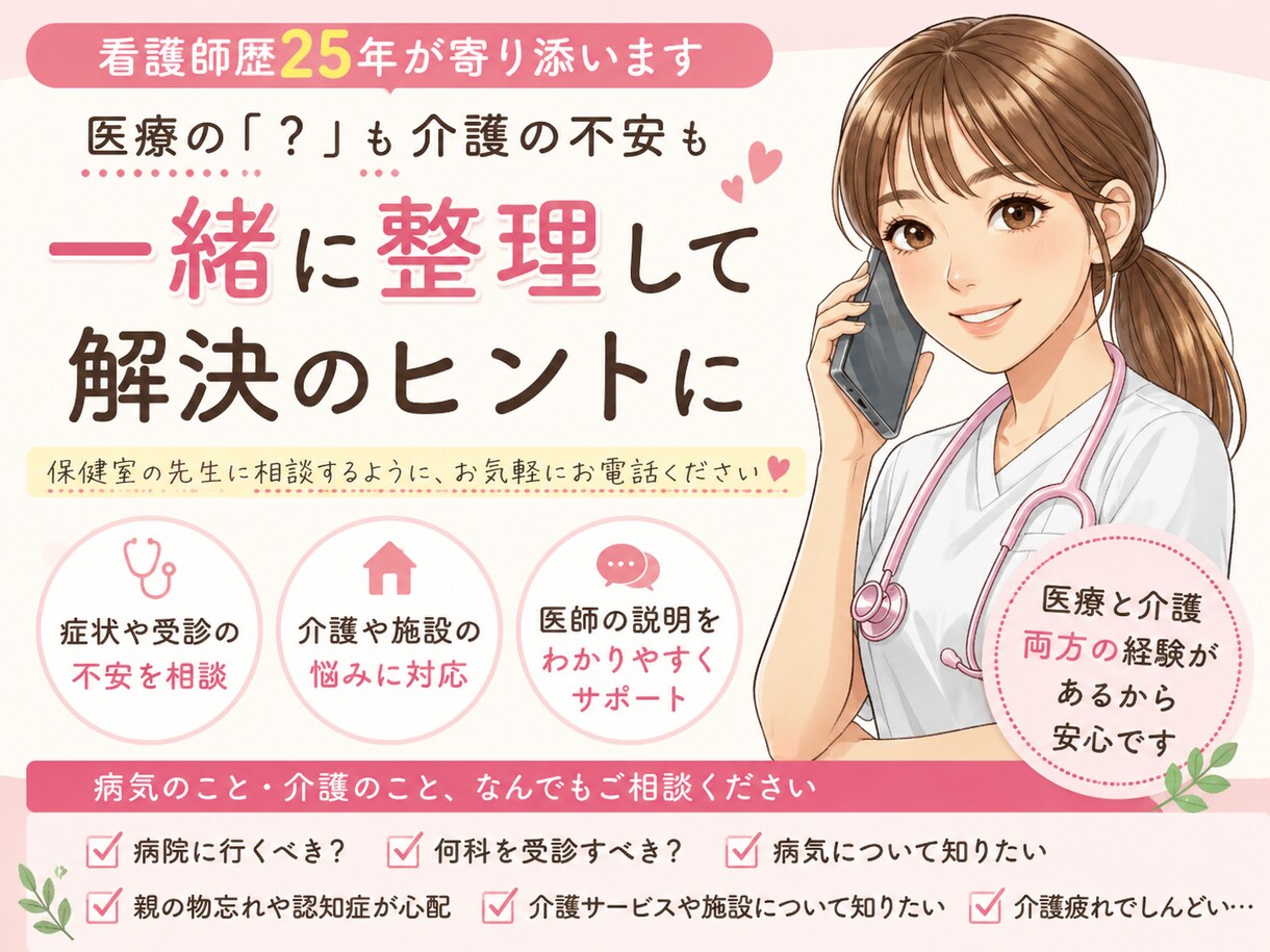 看護師25年が医療・介護の「？」を一緒に整理します 病気や介護で浮かんだ疑問解決のお手伝いをします イメージ1
