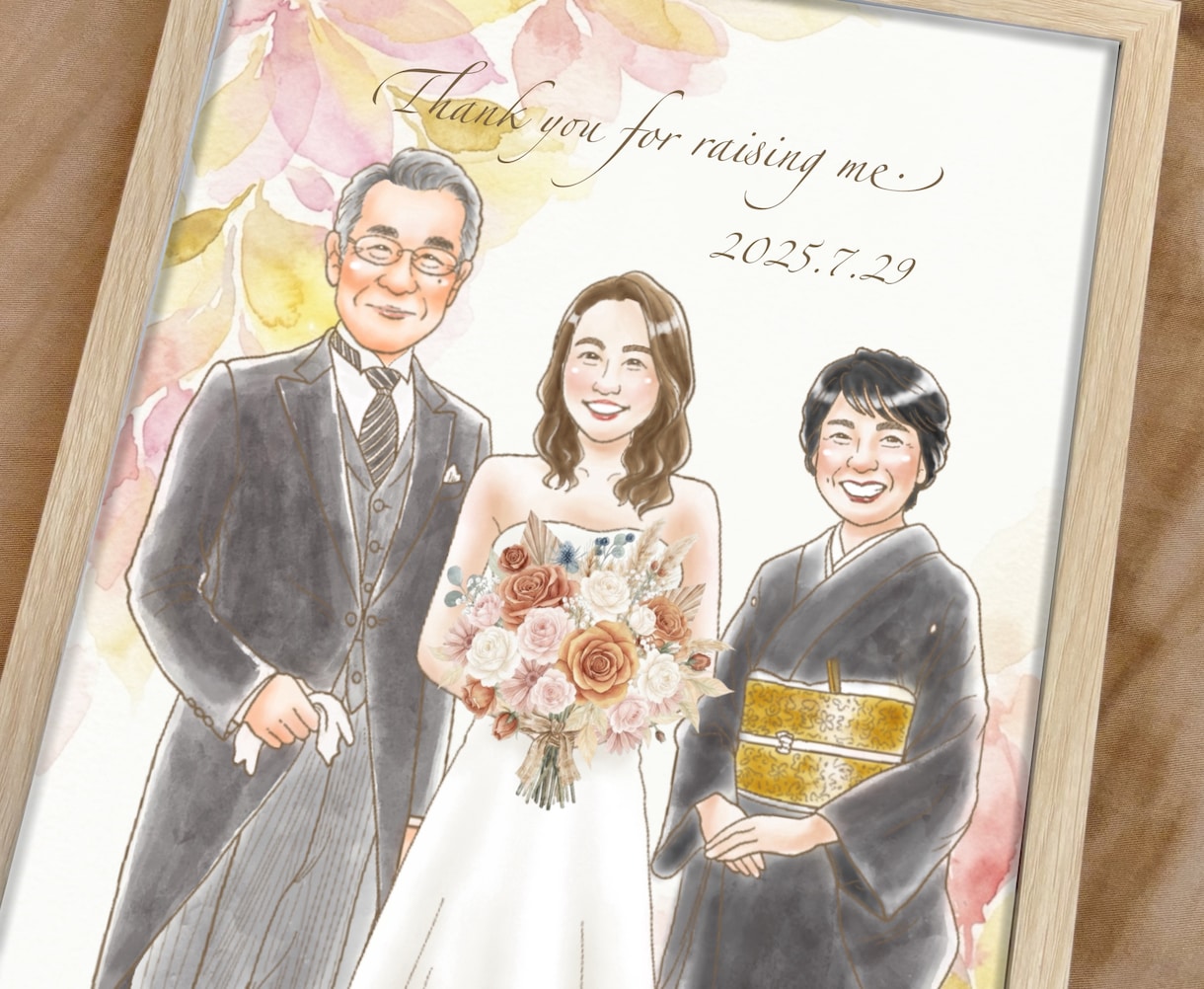 両親贈呈品に優しい似顔絵お届けます 似顔絵オーダー｜両家セット｜子育て感謝状｜結婚式の感謝状 イメージ2