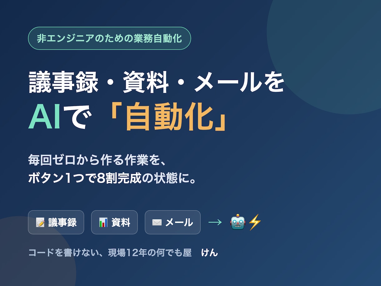 議事録・資料・メールをAIで自動化しますます 毎回ゼロから作る作業、AIに任せて8割完成の状態にします。 イメージ1
