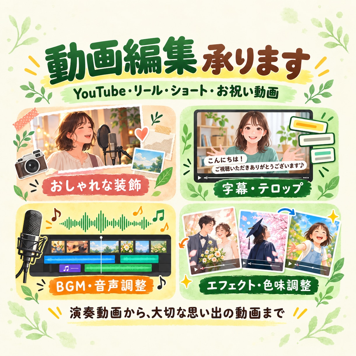 YouTube・ショート動画を見やすく編集します カット・字幕・BGMで、伝わりやすい動画づくりをお手伝い！ イメージ1