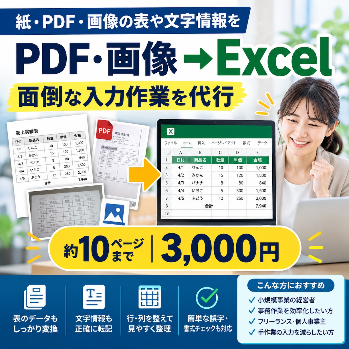 PDF・画像の情報をExcelにデータ化します 紙・PDF・画像の表や文字情報をExcelへ正確に移行 イメージ1