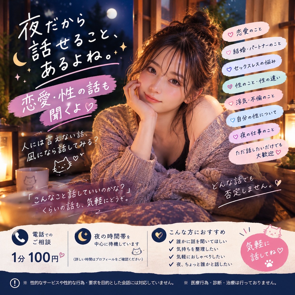 夜だから話せること、恋愛・性の話も聞きます 人には言えないはなし、話してみる？ イメージ1