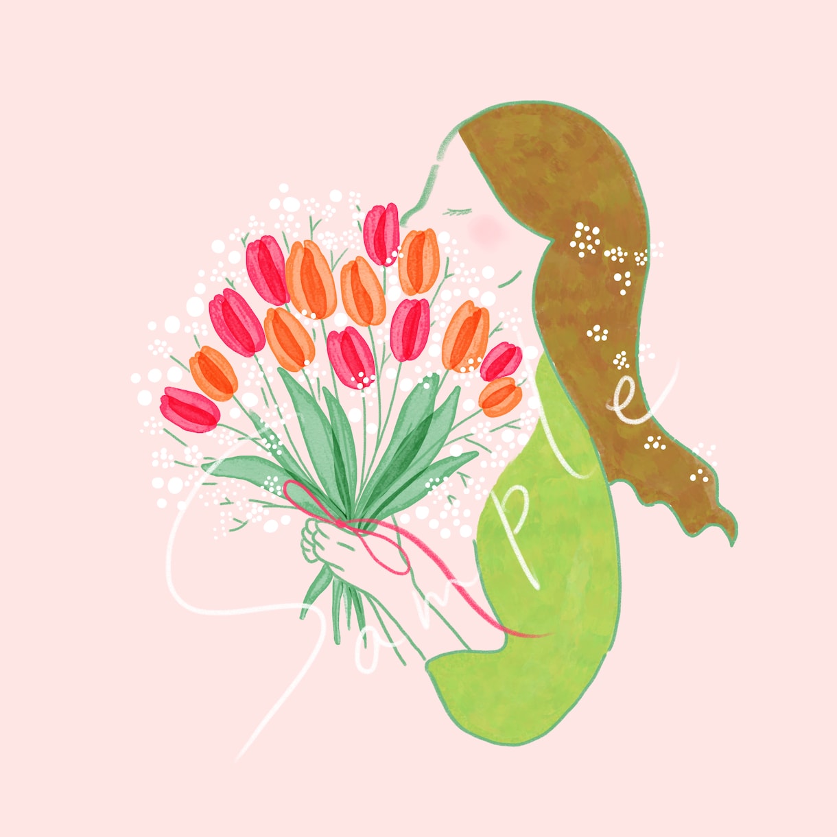 花束を持った女性のイラストお描きします 好きな花束×横顔　SNSアイコンに◎ イメージ3