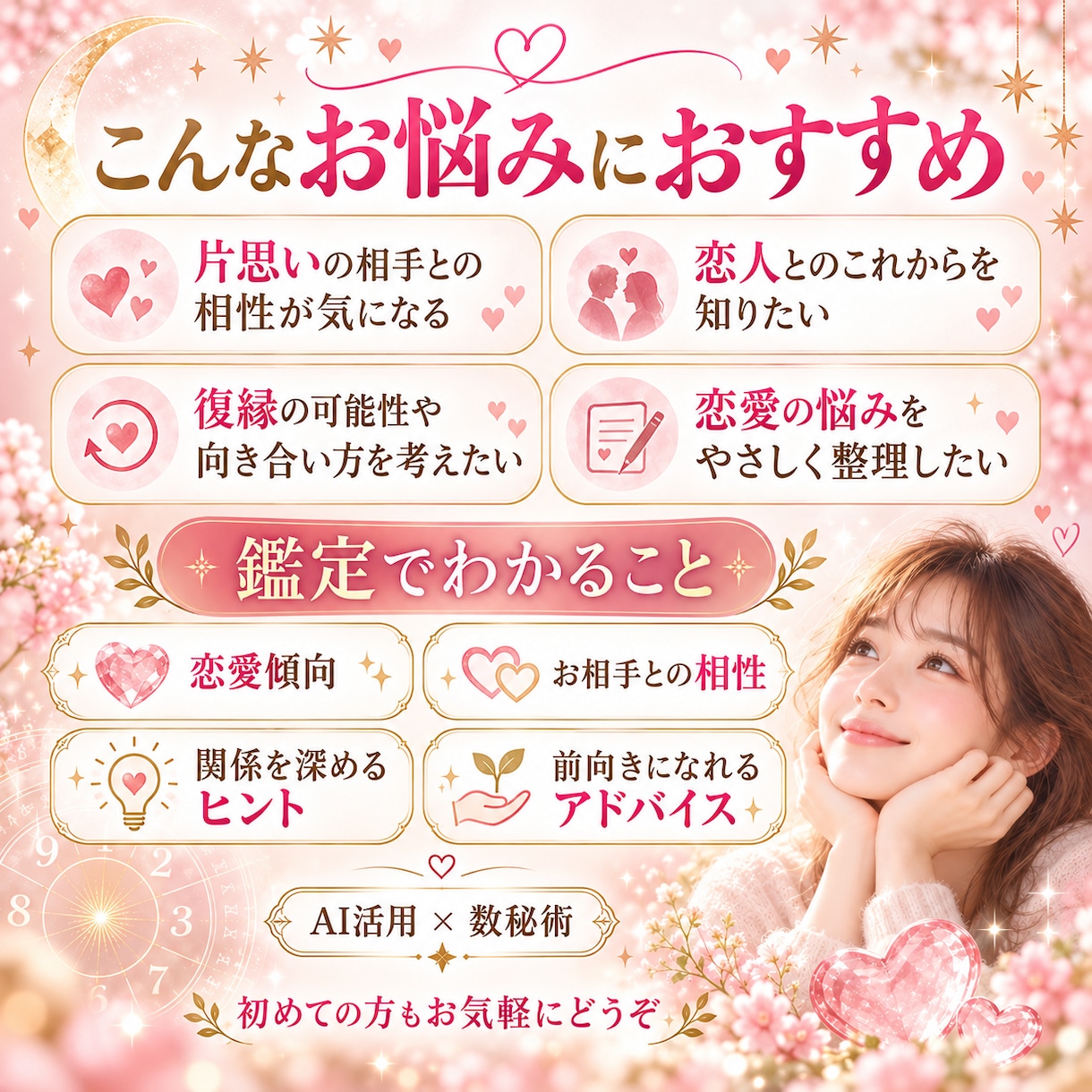 生年月日から2人の恋愛相性を優しく読み解きます 片思い・復縁・恋人の未来に。AI×数秘術で恋のヒントをお届け イメージ2