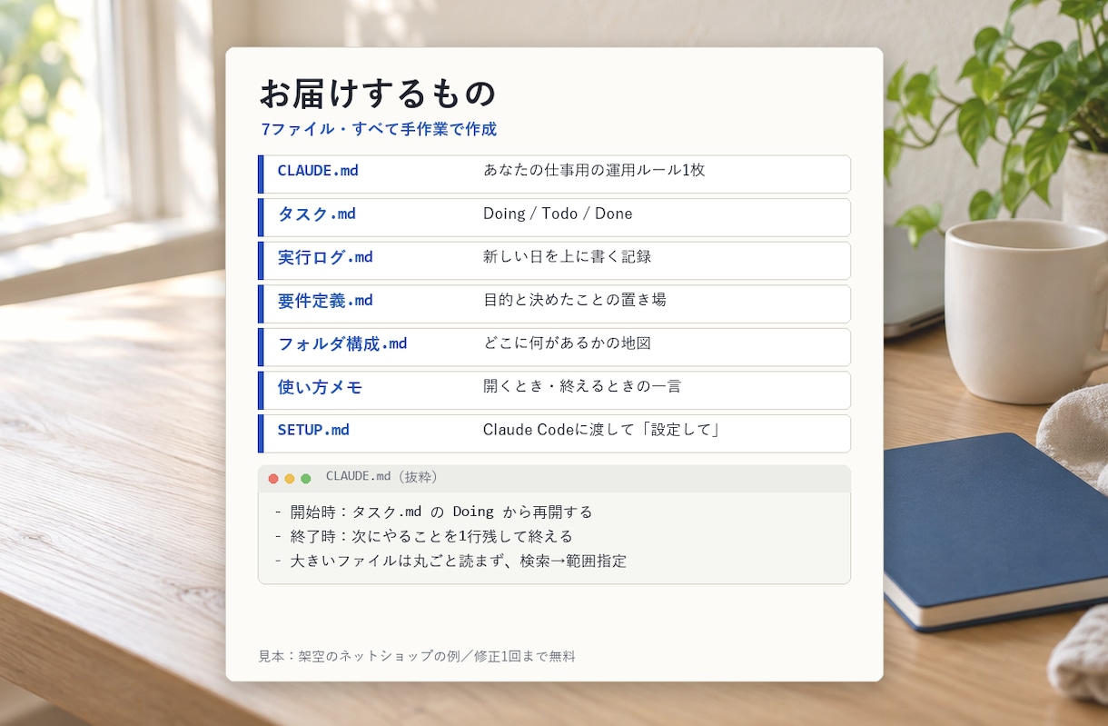 Claude Codeに前回の続きを覚えさせます 仕事向け設定ファイルを作成。「設定して」の一言で導入 イメージ3