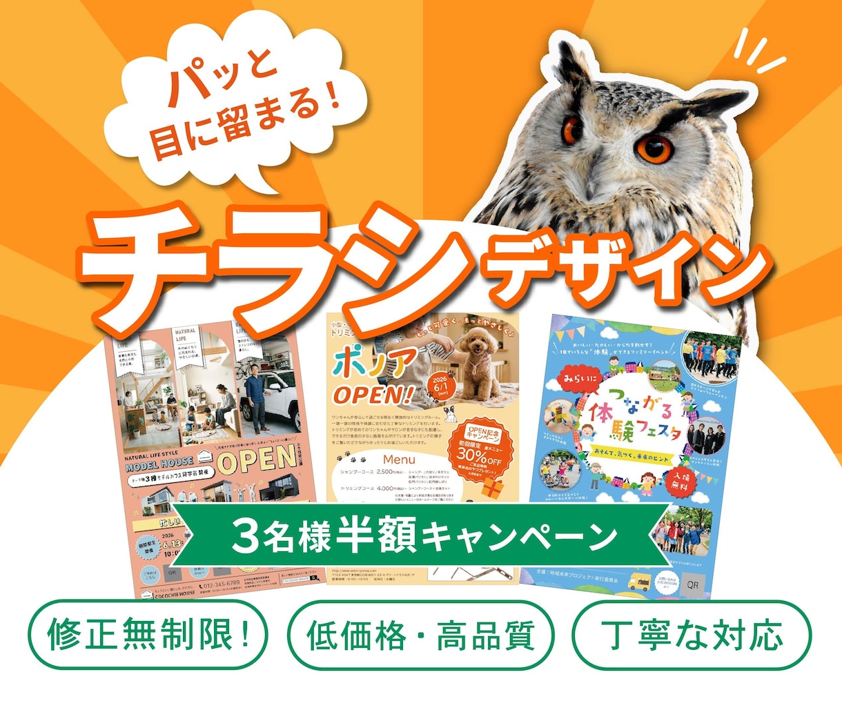 先着3名半額！集客につながるチラシ制作します 原稿未整理でもOK！伝えたいことを整理して形にします。 イメージ1