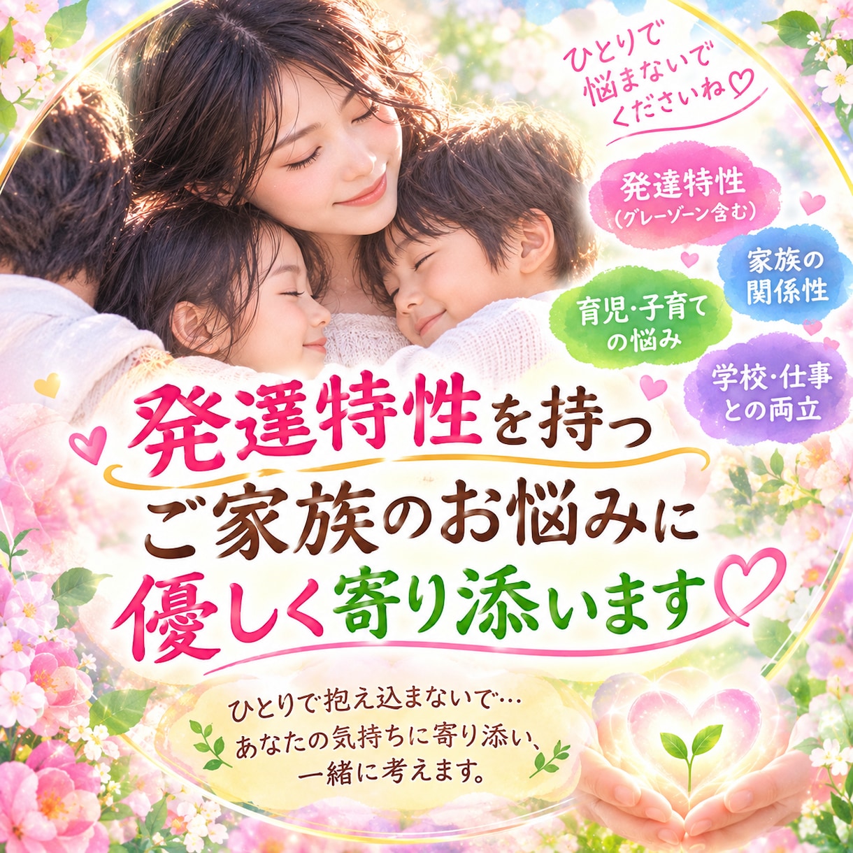 発達特性を持つご家族のお悩みに優しく寄り添います 一人で抱え込まなくて大丈夫。その苦しさや不安に寄り添います。 イメージ1