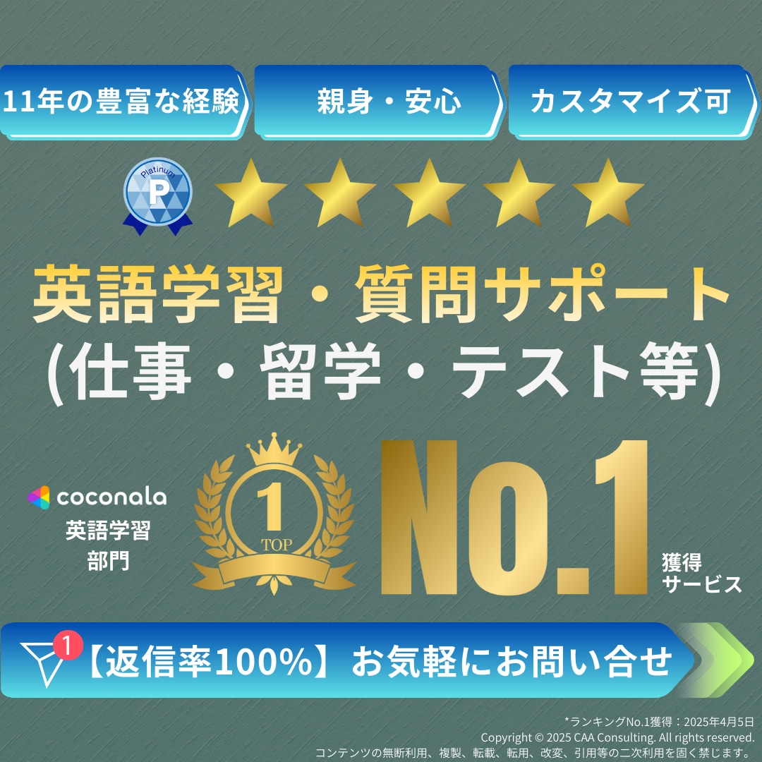 英語の学習・質問、レベルアップを完全サポートします ●アメリカ在住経験11年、完全オーダーメイドレッスン● イメージ1