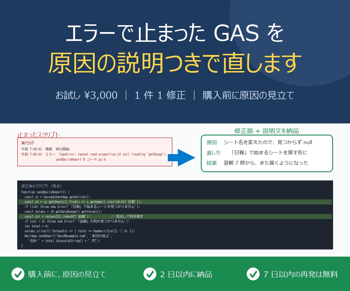 エラーで止まったGASを原因の説明つきで直します 購入前に原因の見立て。2日で修正版と説明文をお渡しします イメージ1